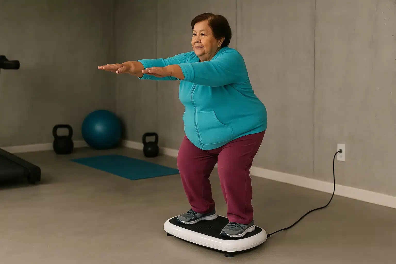 Weight Loss vibration plate benefits - obese latino woman in a home basement gym exercising on a vibration plate