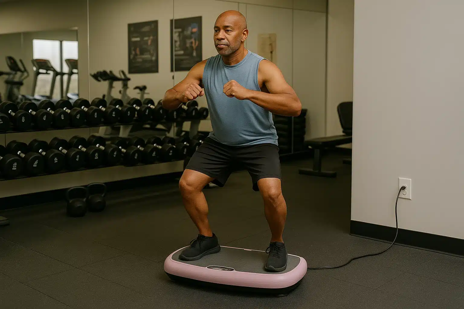 An older man in his 60s working on weight management and body composition using a vibration plate in a commercial gym.