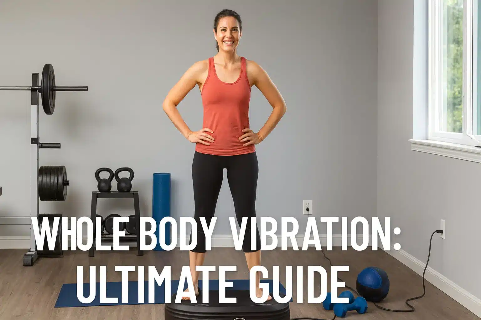 A young woman on a Power Plate MOVE vibration plate in a home gym