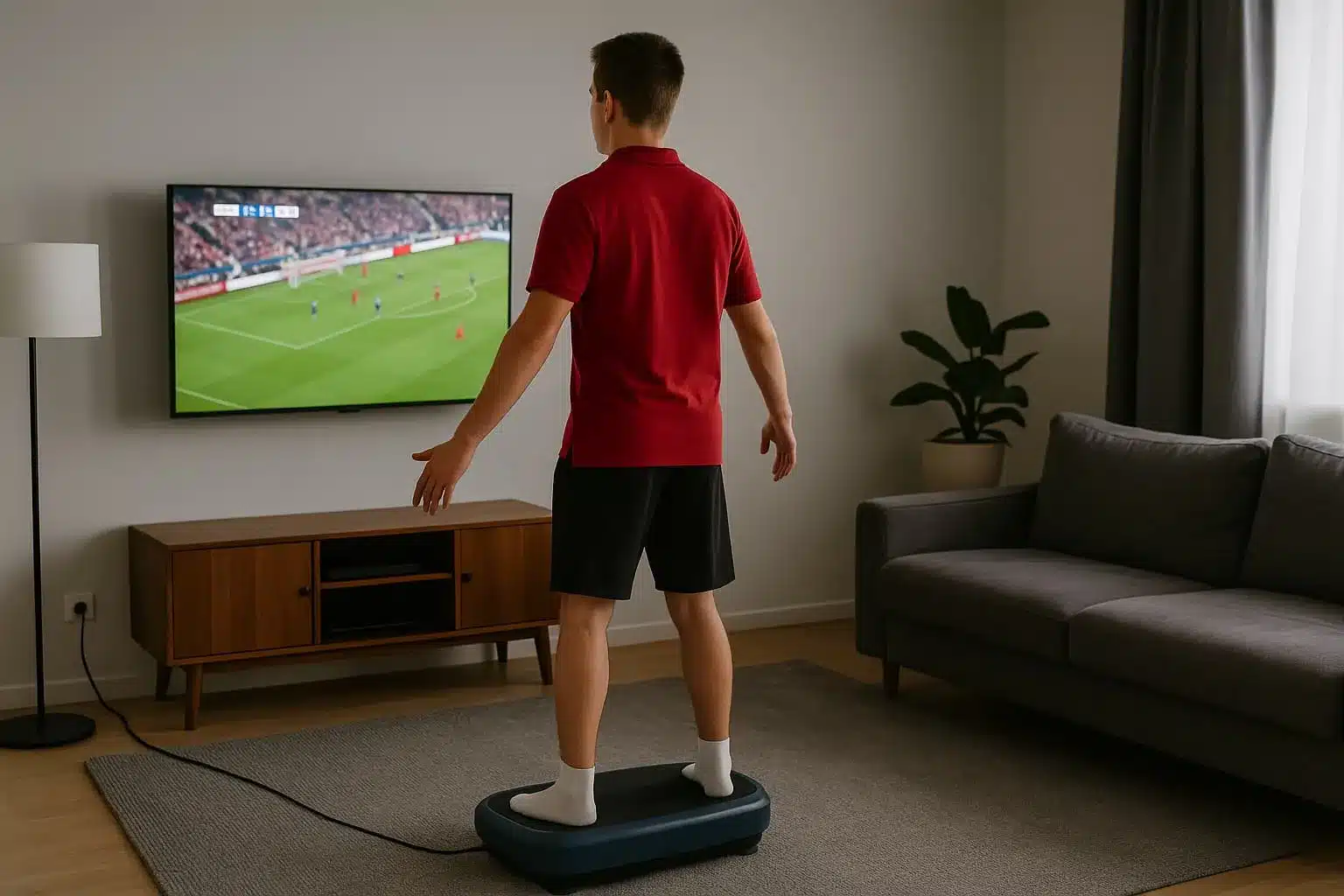 A man using a vibration plate at home