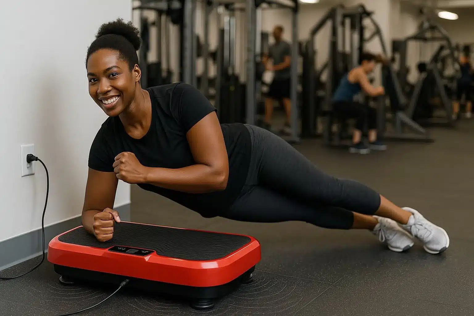 A woman using a vibration plate for weight loss in a gym