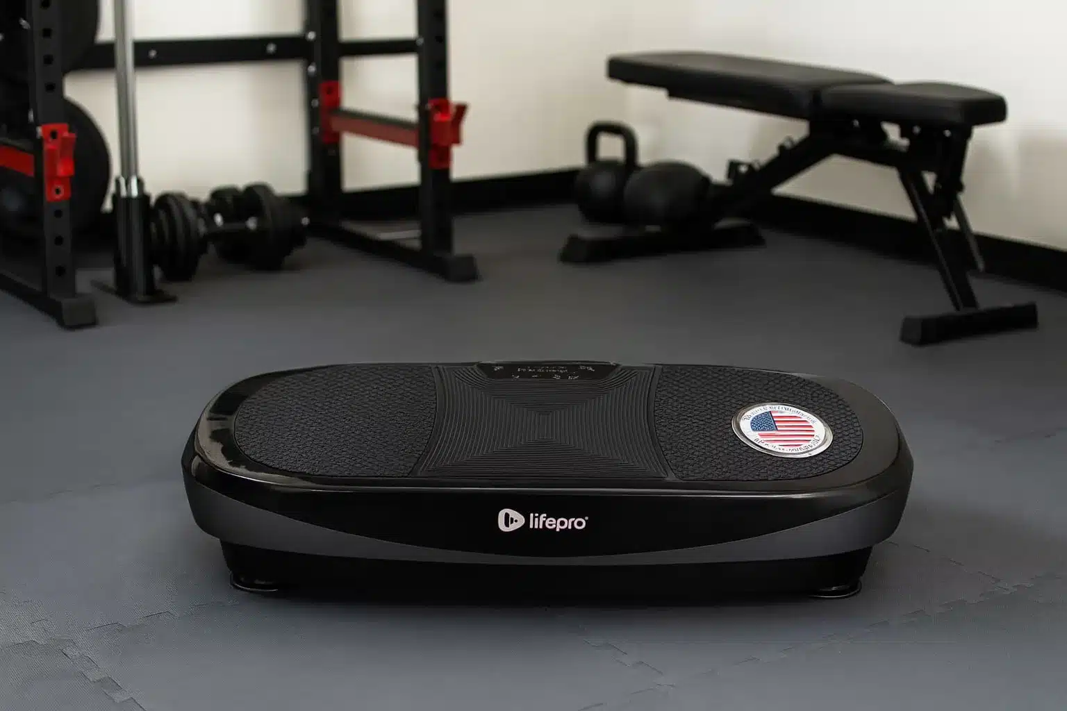 Place LifePro Rumblex Max 4D vibration plate in a home gym