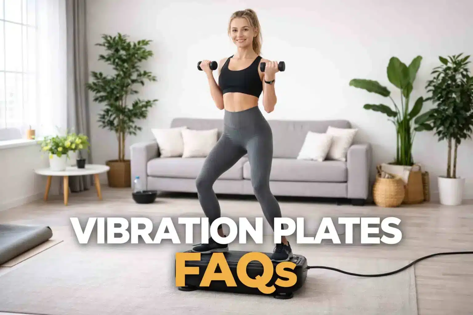 Vibration Plates FAQs - a young woman on a vibration plate doing biceps curls