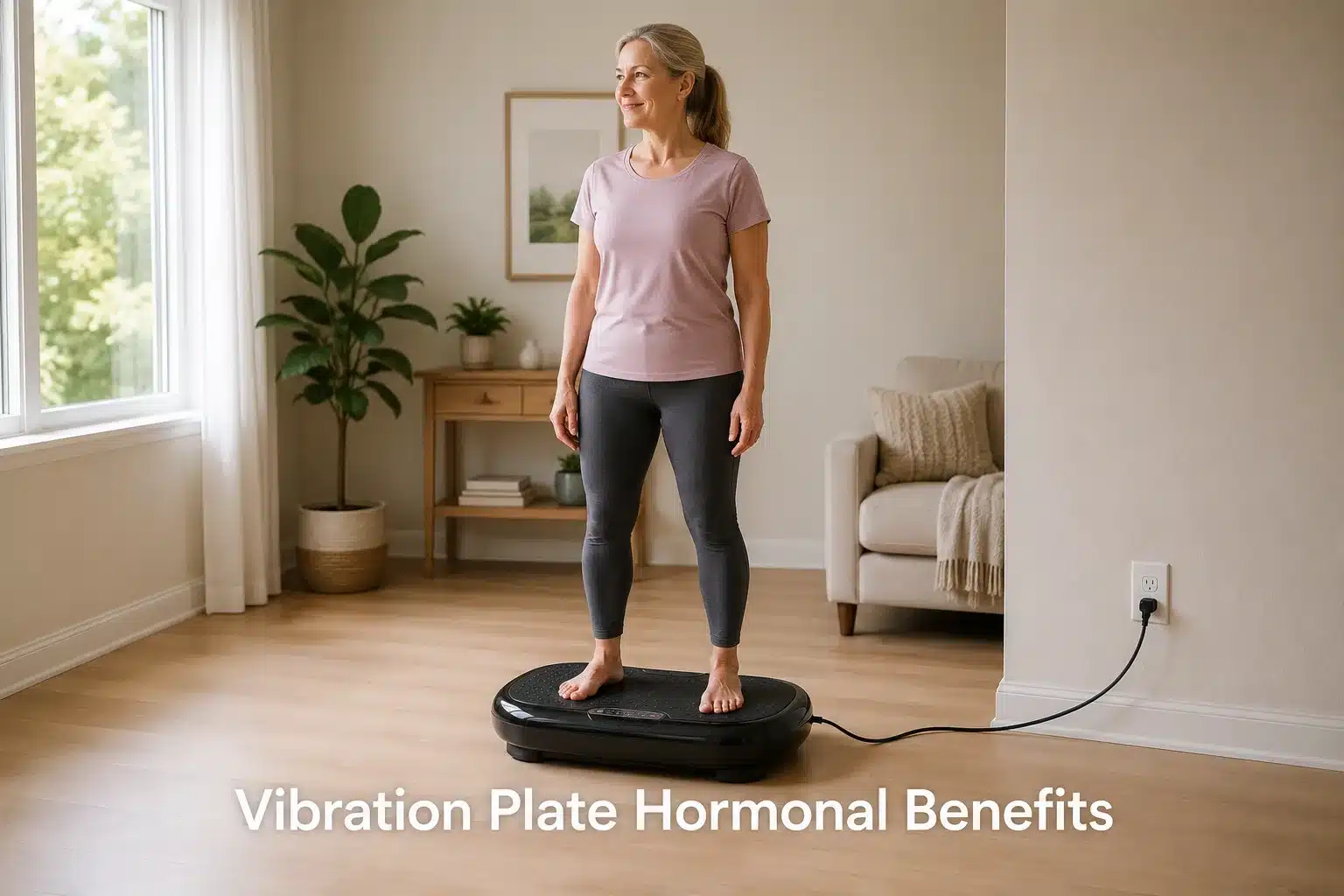 A woman using a vibration plate for hormonal benefits