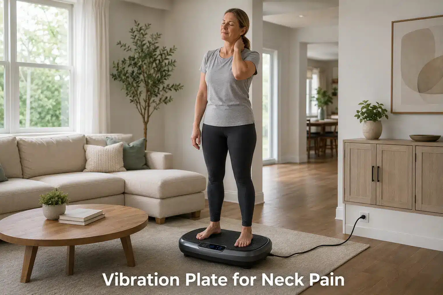 A woman on a vibration plate trying to relieve the neck pain symptoms