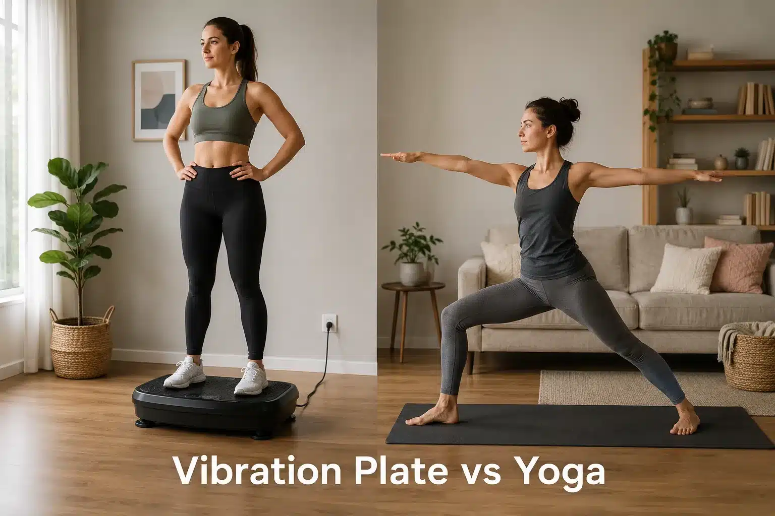One woman on a vibration plate and another woman doing yoga