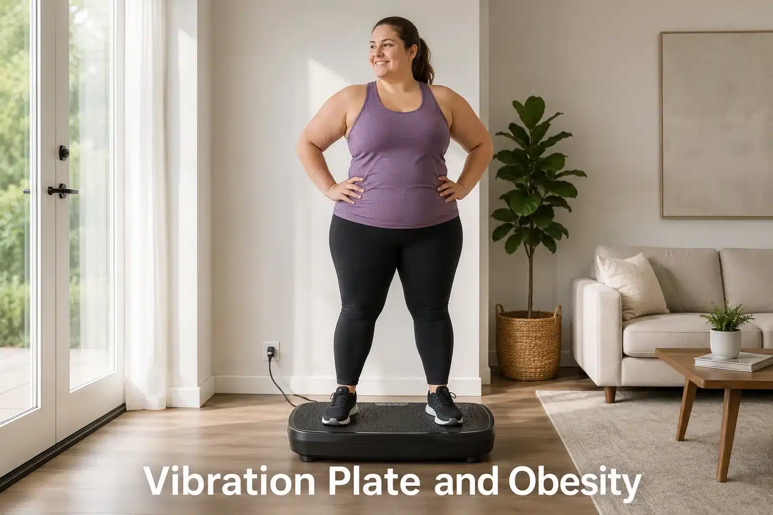 An obese young woman on a vibration plate