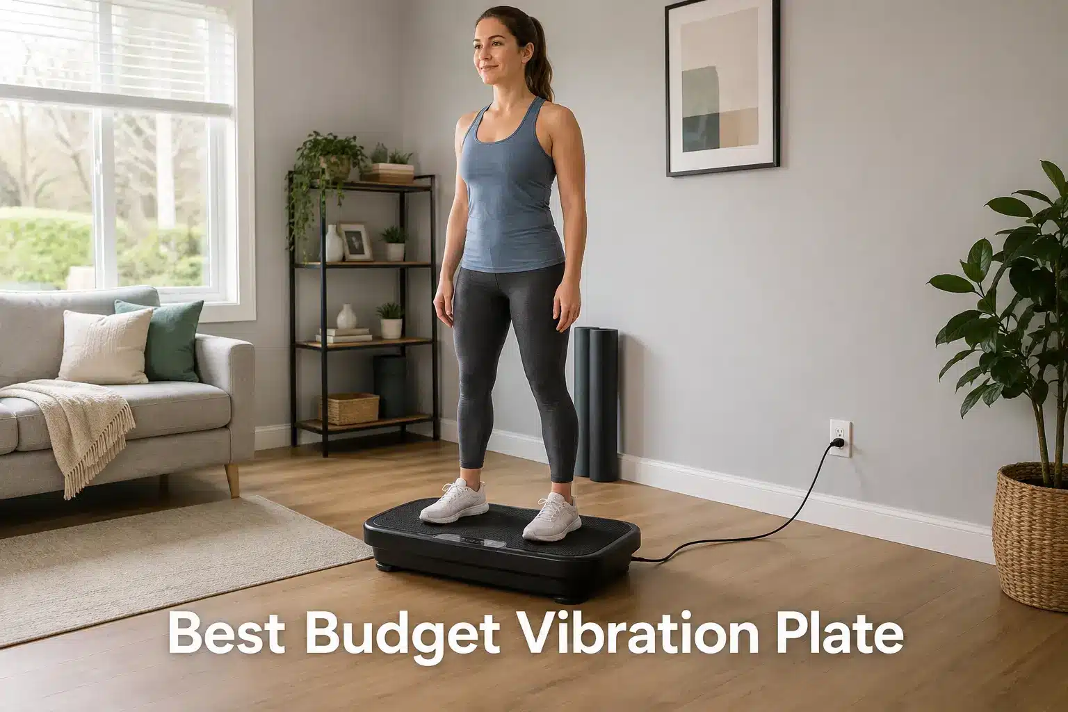 A woman exercising on a budget vibration plate in a cosy living room.