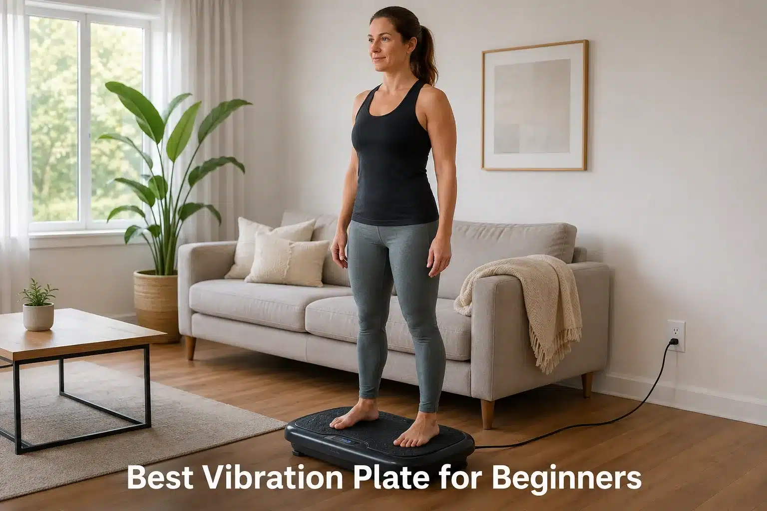 A woman doing beginner exercises on a vibration plate in a cozy living room