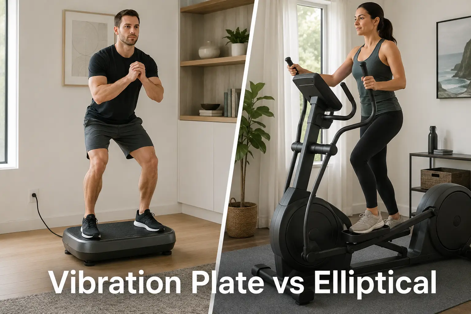 A man doing a squat on a vibration plate next to a woman using an elliptical machine in a modern home gym.