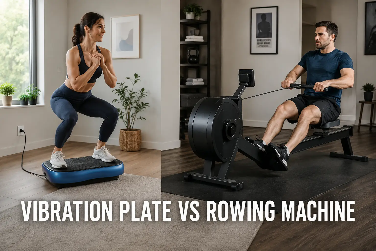 A woman doing a squat on a vibration plate next to a man using a rowing machine in a modern home gym.