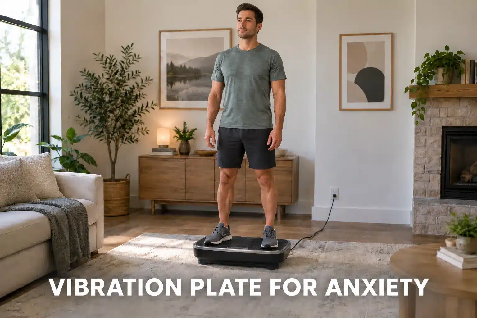 A young man on a vibration plate in a bright living room
