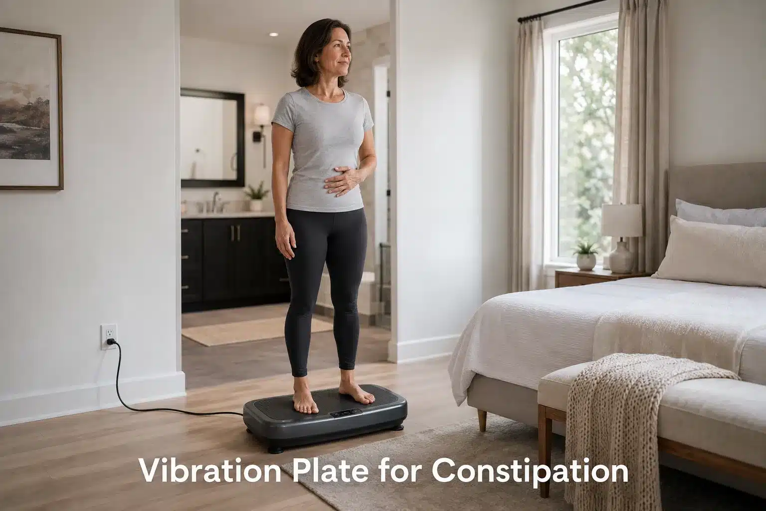 Middle-aged woman standing on a vibration plate with one hand on her stomach face expressing relief in a bright bedroom setting.