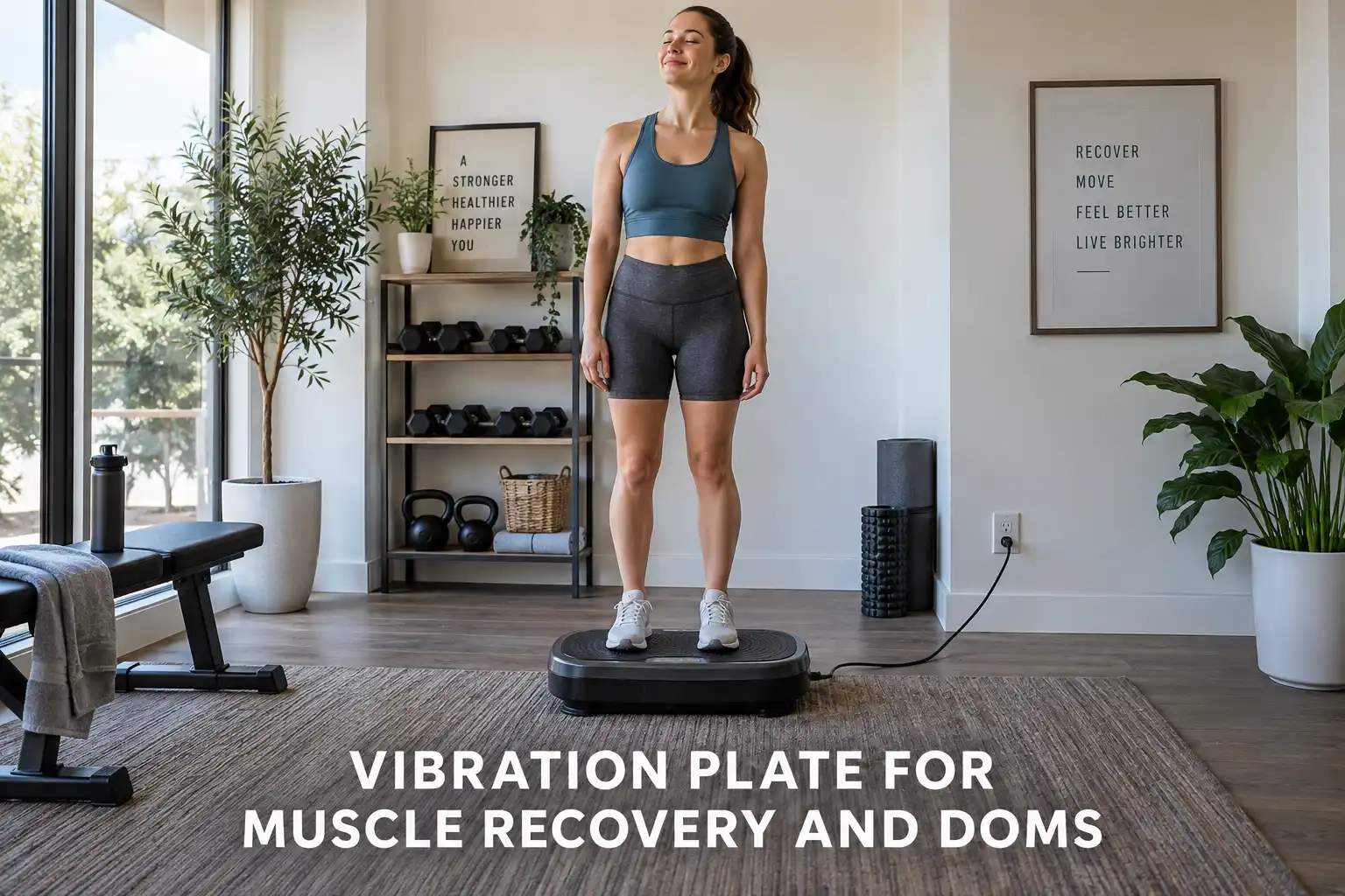 A woman standing on a vibration plate in a bright home gym with white lettering reading Vibration Plate for Muscle Recovery and DOMS.