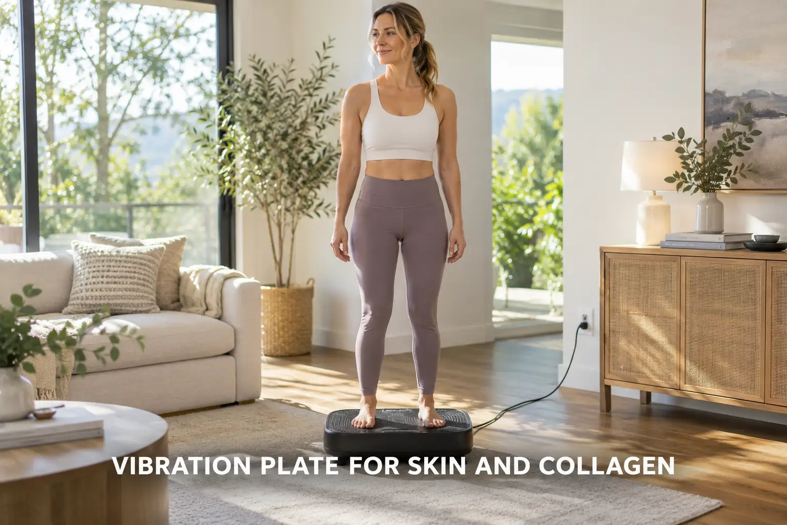 A young woman on a vibration plate in a bright living room.