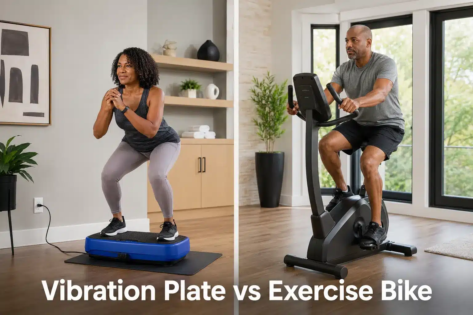An African American woman doing a squat on a blue vibration plate next to an African American man riding an exercise bike in a modern home gym.