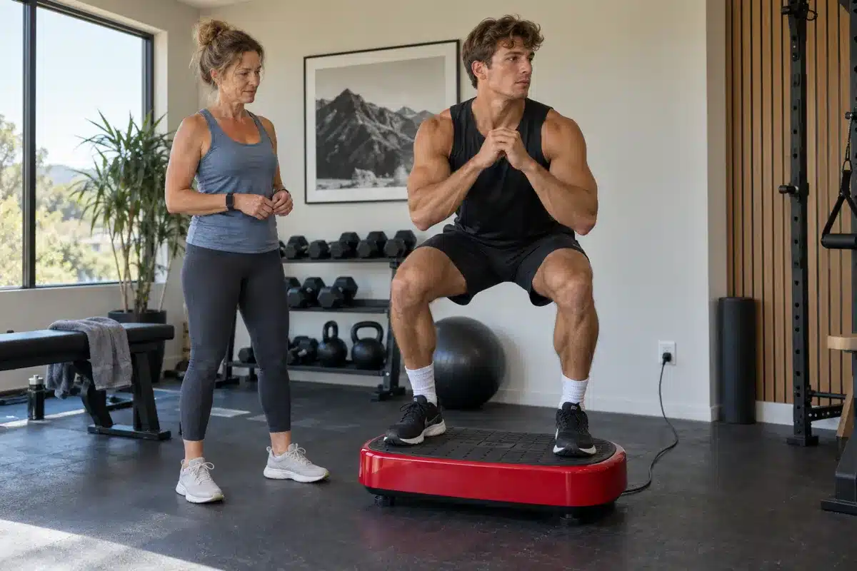 A male athlete doing a squat on a red vibration plate while a woman stands nearby in a modern home gym.