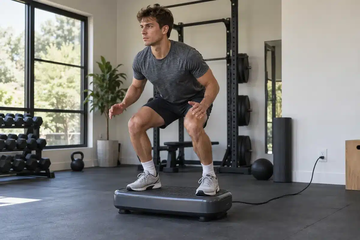 A male athlete doing a shallow squat on a gray vibration plate in a modern home gym.