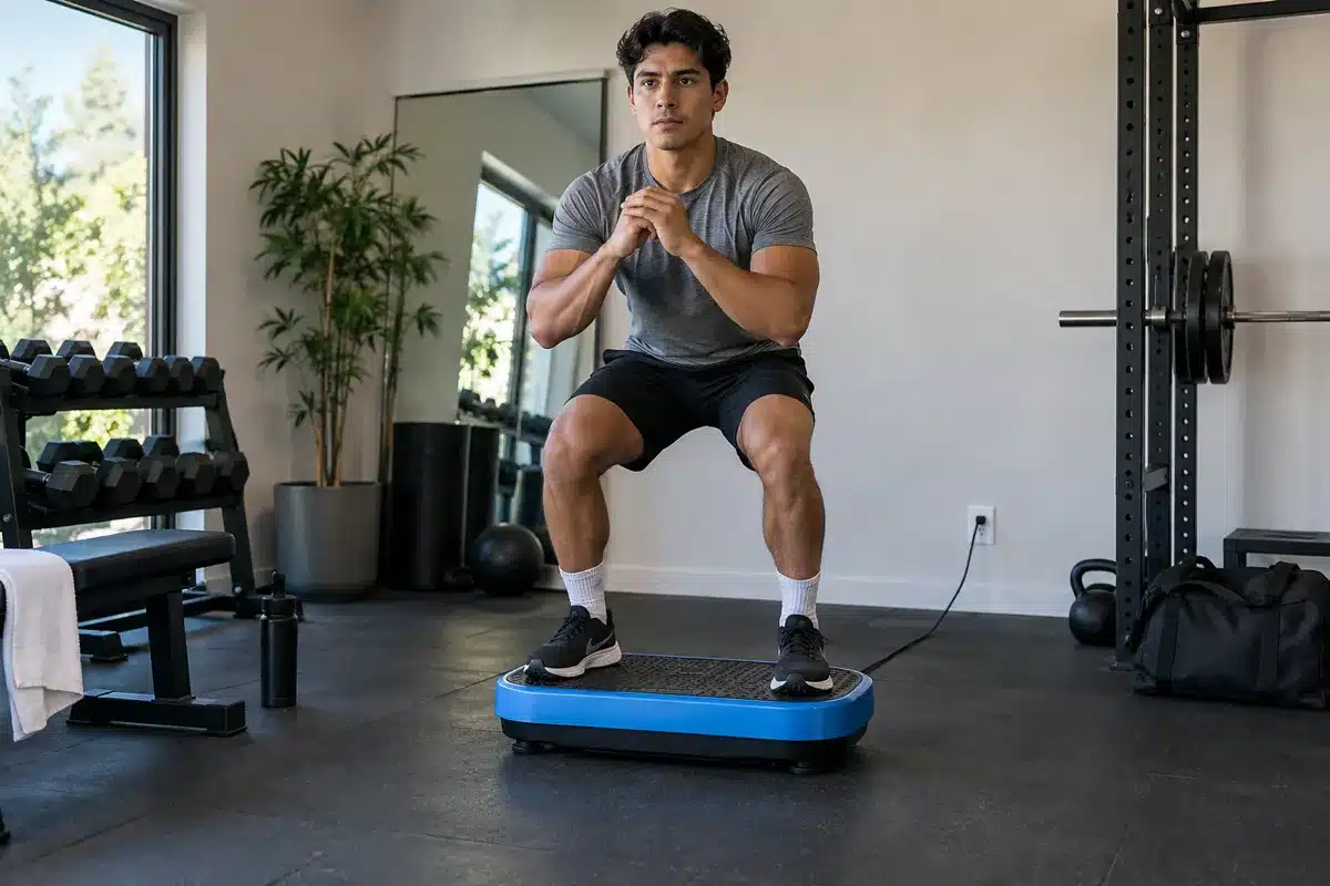 A young man doing a controlled half squat on a blue vibration plate in a modern home gym.