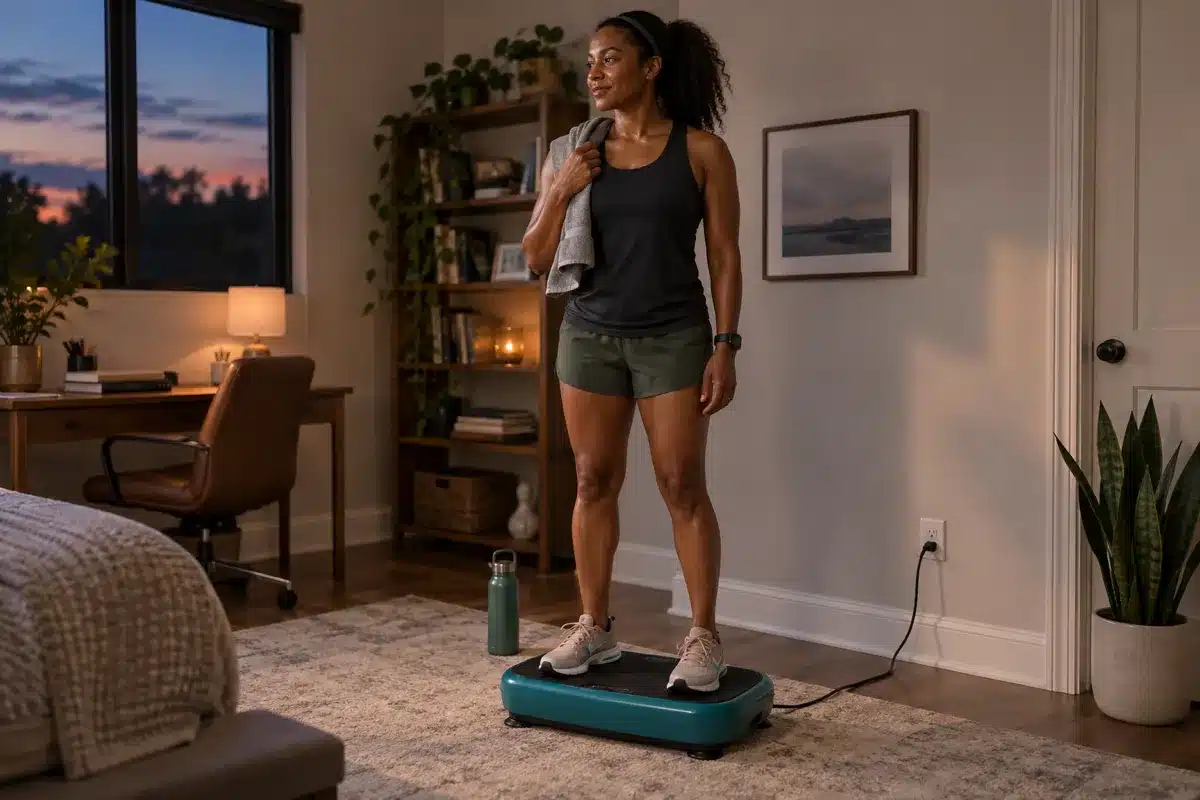 An African American woman standing on a teal vibration plate after exercise in a cozy bedroom.