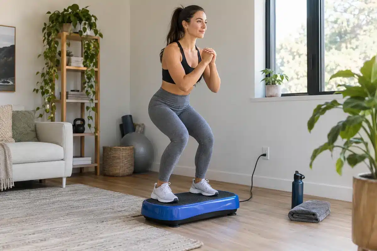 A woman doing a gentle squat on a blue vibration plate in a bright living room workout space.