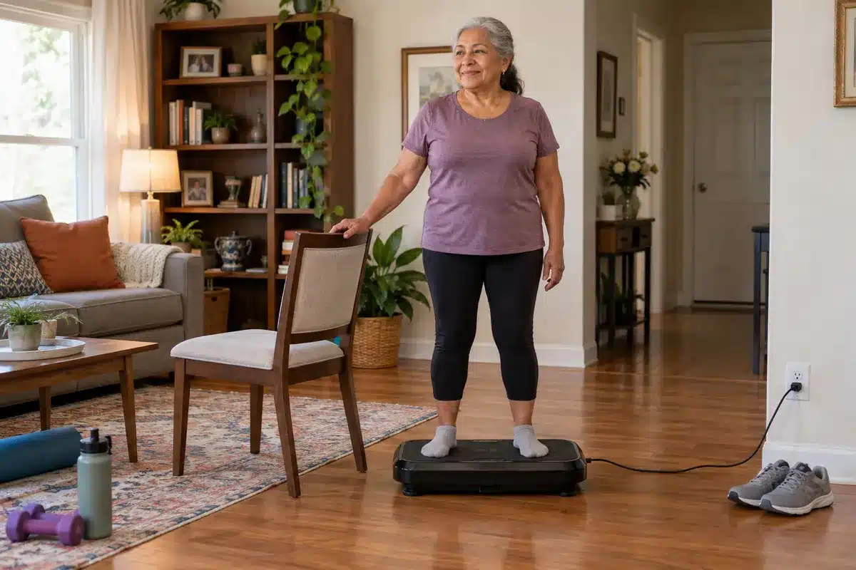 A senior woman using a chair for support while standing on a black vibration plate in a warm home workout space.