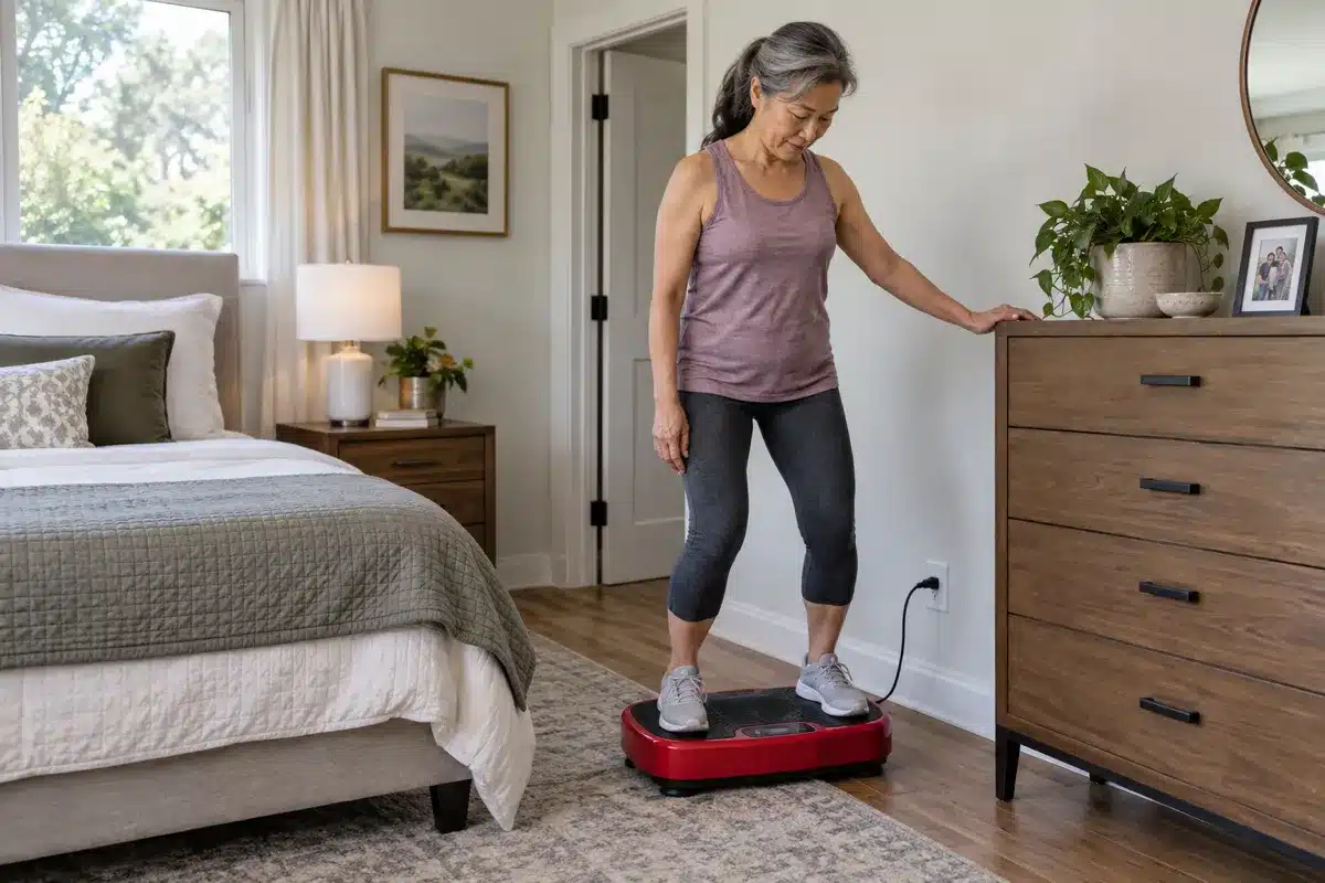 An older Asian woman using a dresser for balance while standing on a red vibration plate in a bedroom.