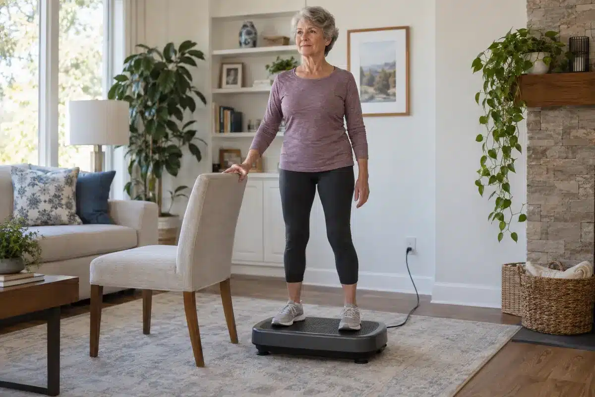 A senior woman using a chair for support while standing on a gray vibration plate in a cozy living room.