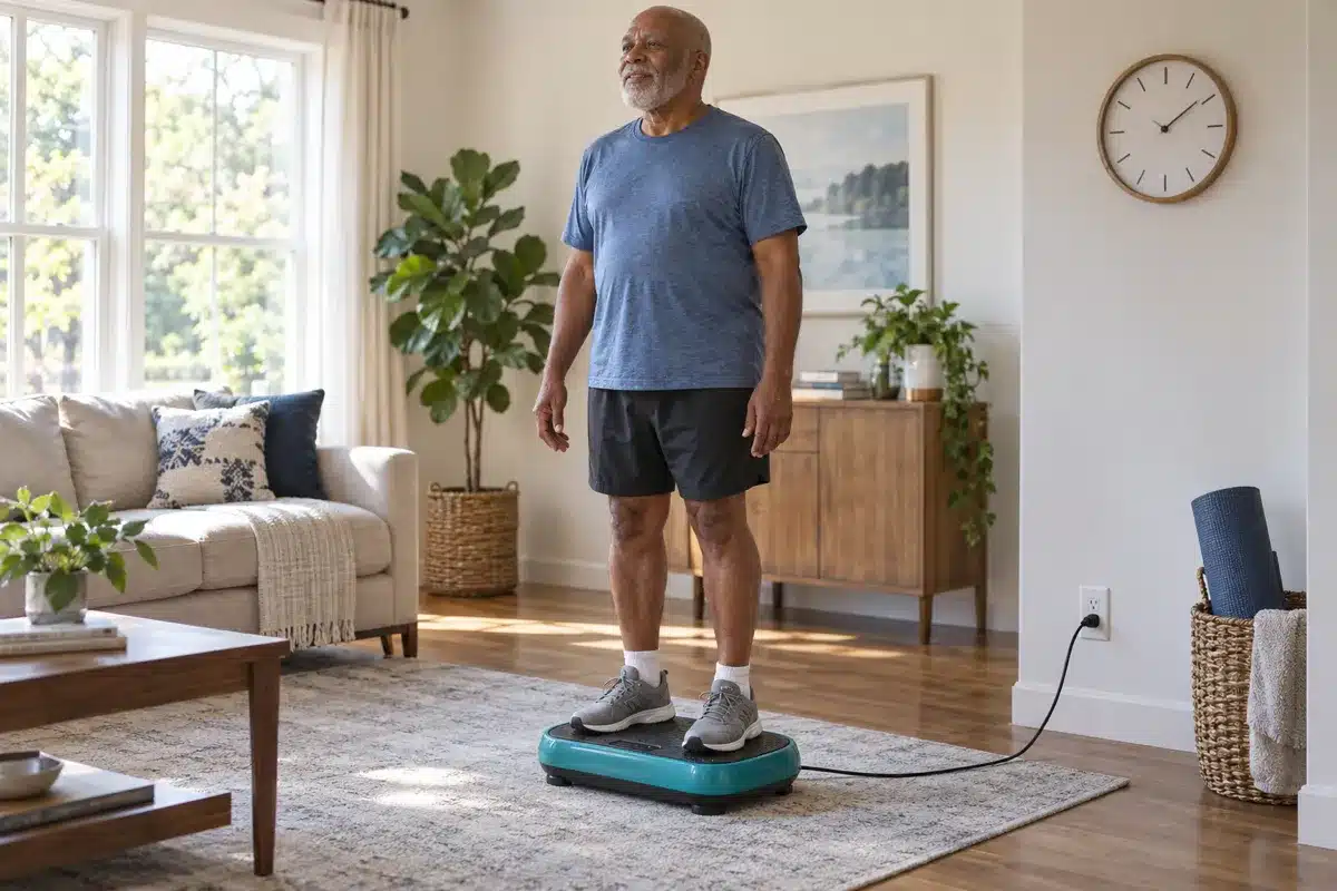 An older African American man standing calmly on a teal vibration plate in a bright living room.