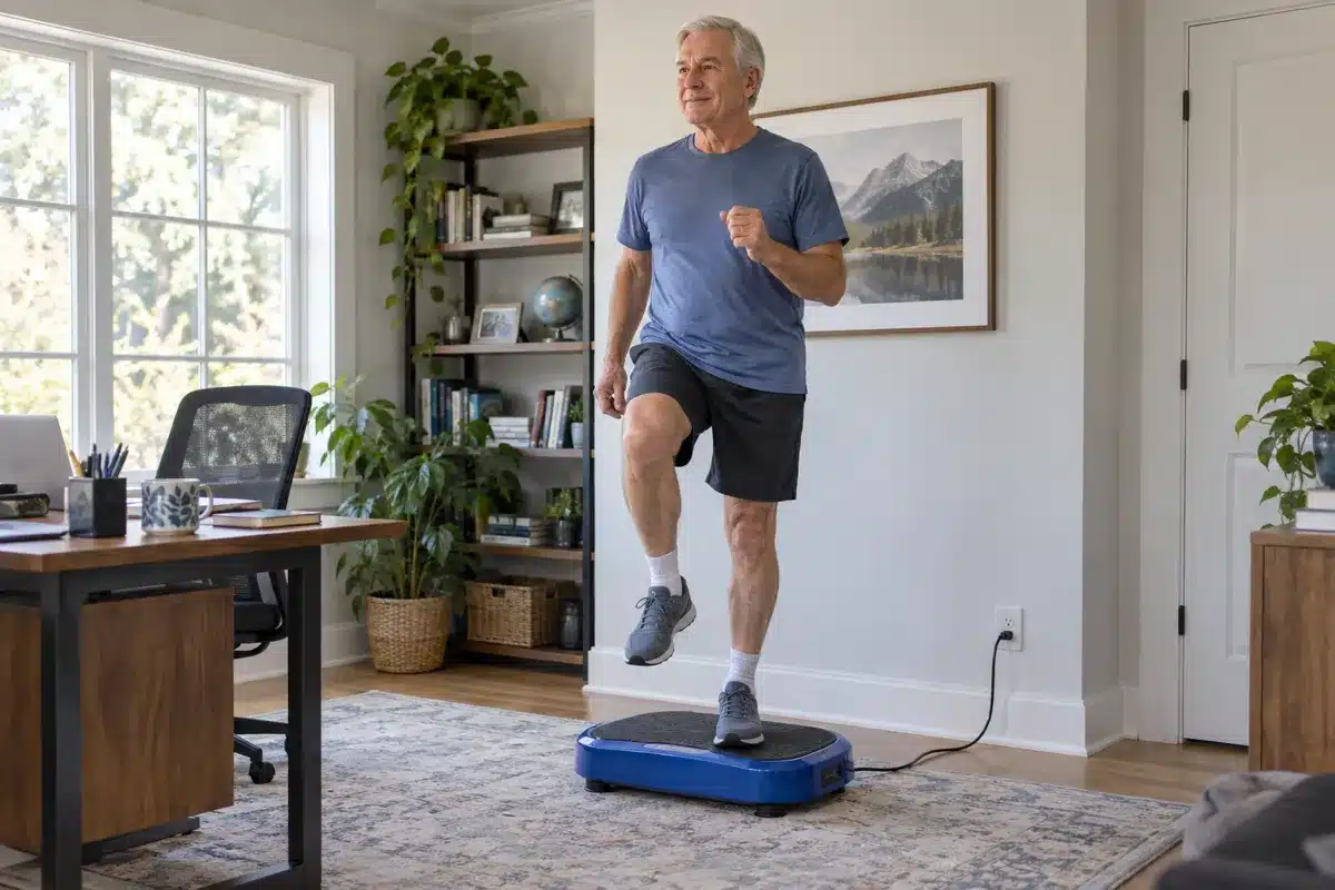 A senior man doing a knee raise on a blue vibration plate in a bright home office.