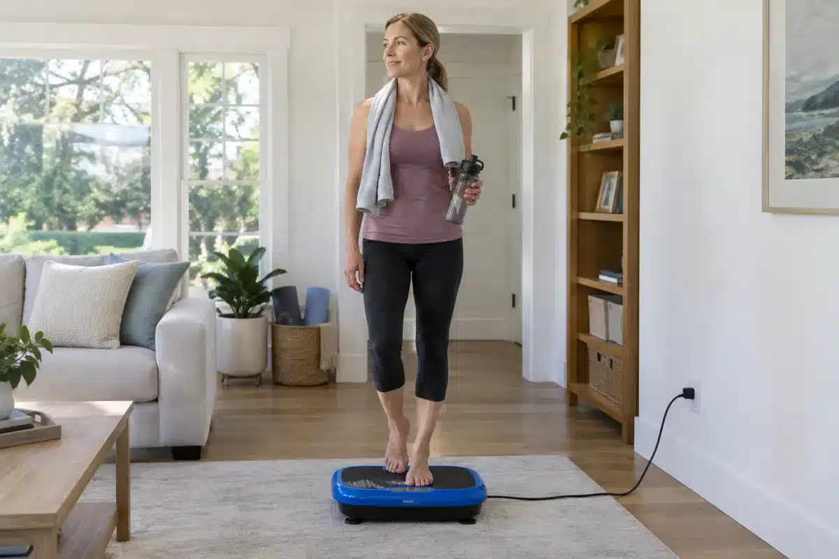 A woman standing on a blue vibration plate with a towel and water bottle in a bright living room.