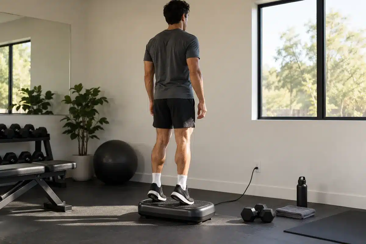 A man doing calf raises on a gray vibration plate in a modern home gym.
