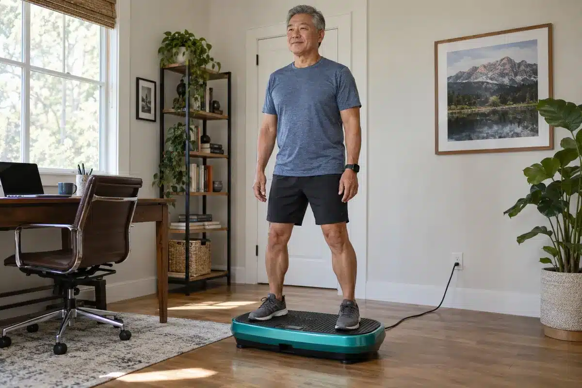 An older Asian man standing comfortably on a teal vibration plate in a bright home office.
