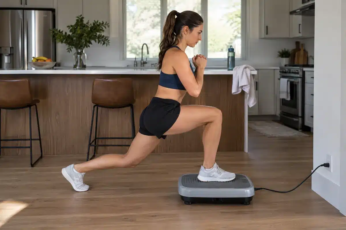 A woman doing a controlled lunge with one foot on a gray vibration plate in a modern kitchen.