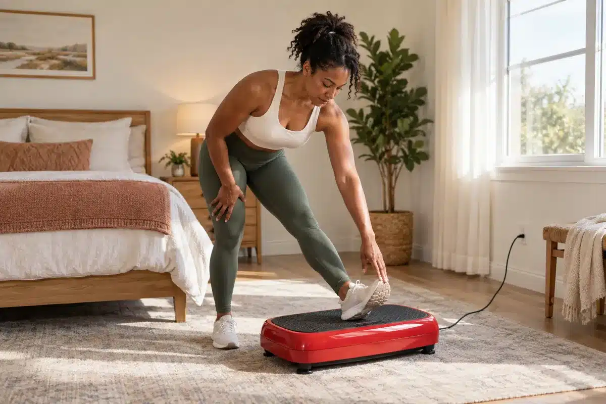 An African American woman stretching her hamstring with one foot on a red vibration plate in a cozy bedroom.