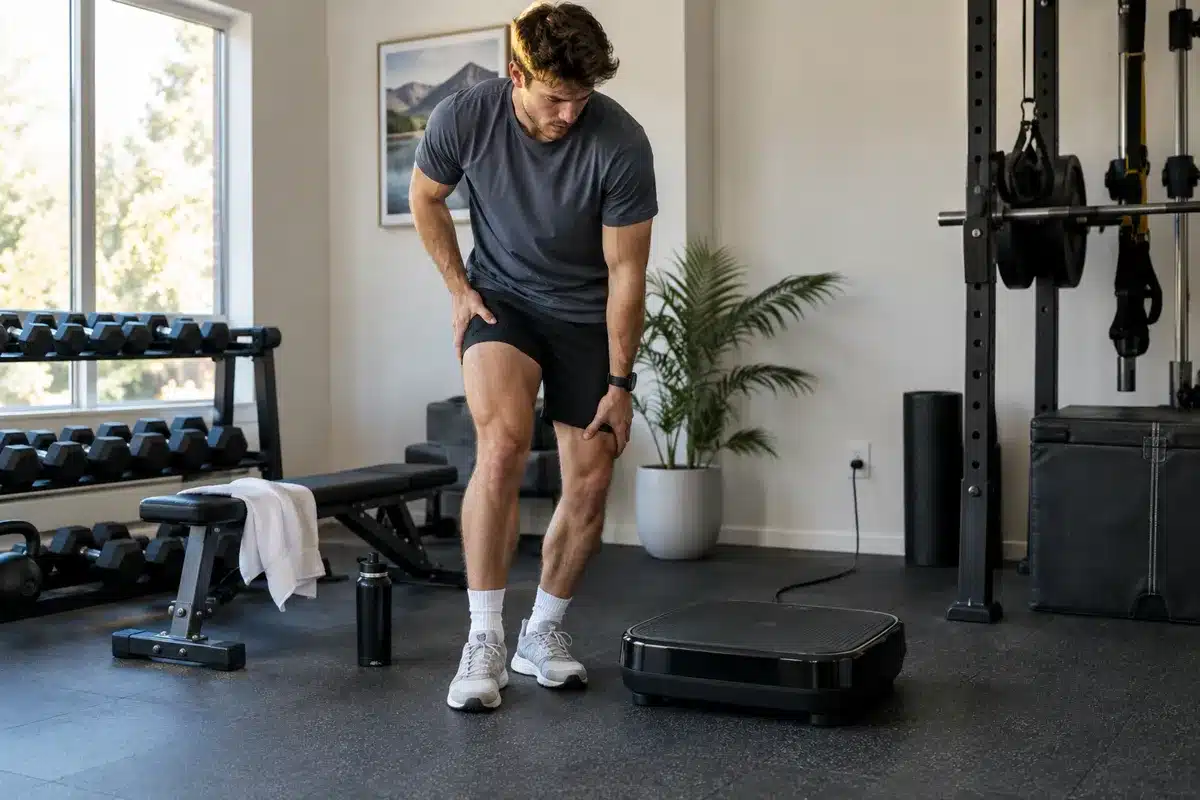 A man holding his sore thigh beside a vibration plate in a home gym after a workout.