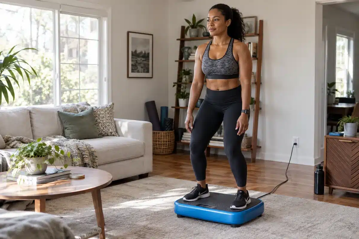 An African American woman standing on a blue vibration plate in a bright living room during a recovery session.