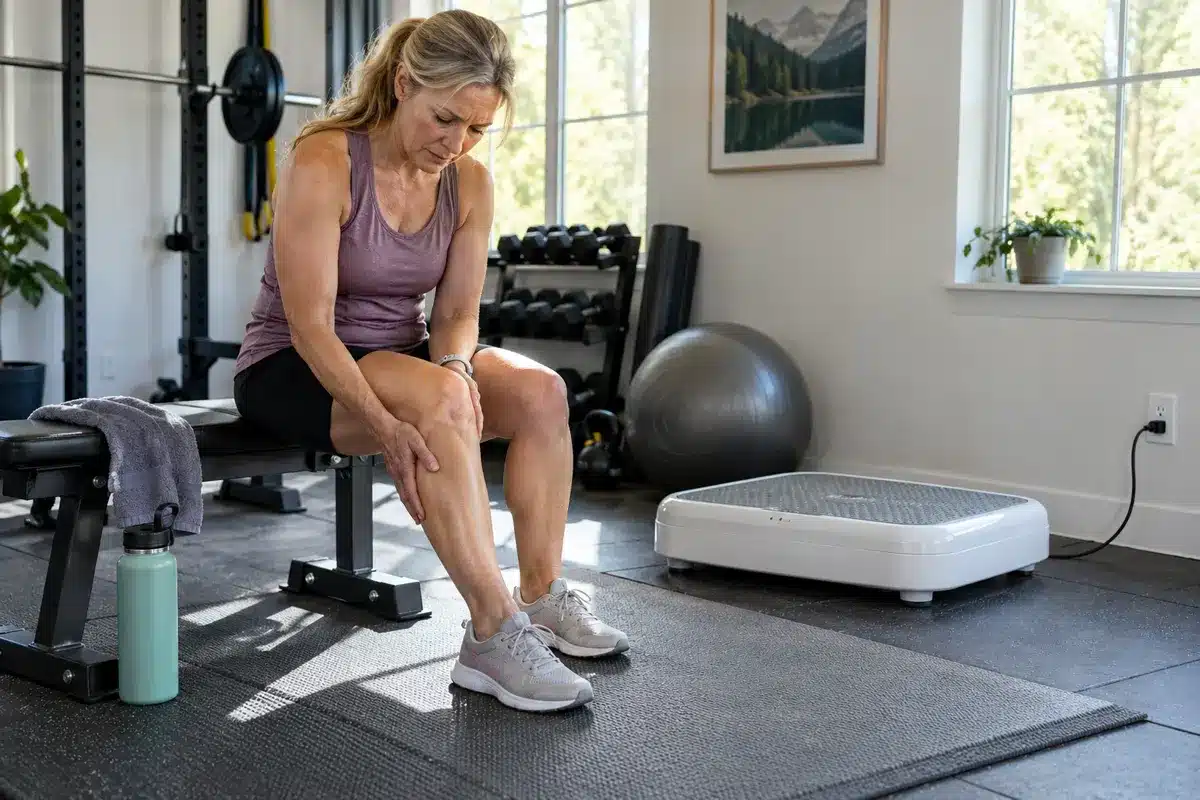 An older woman holding her lower leg beside a vibration plate in a home gym, showing discomfort after exercise.