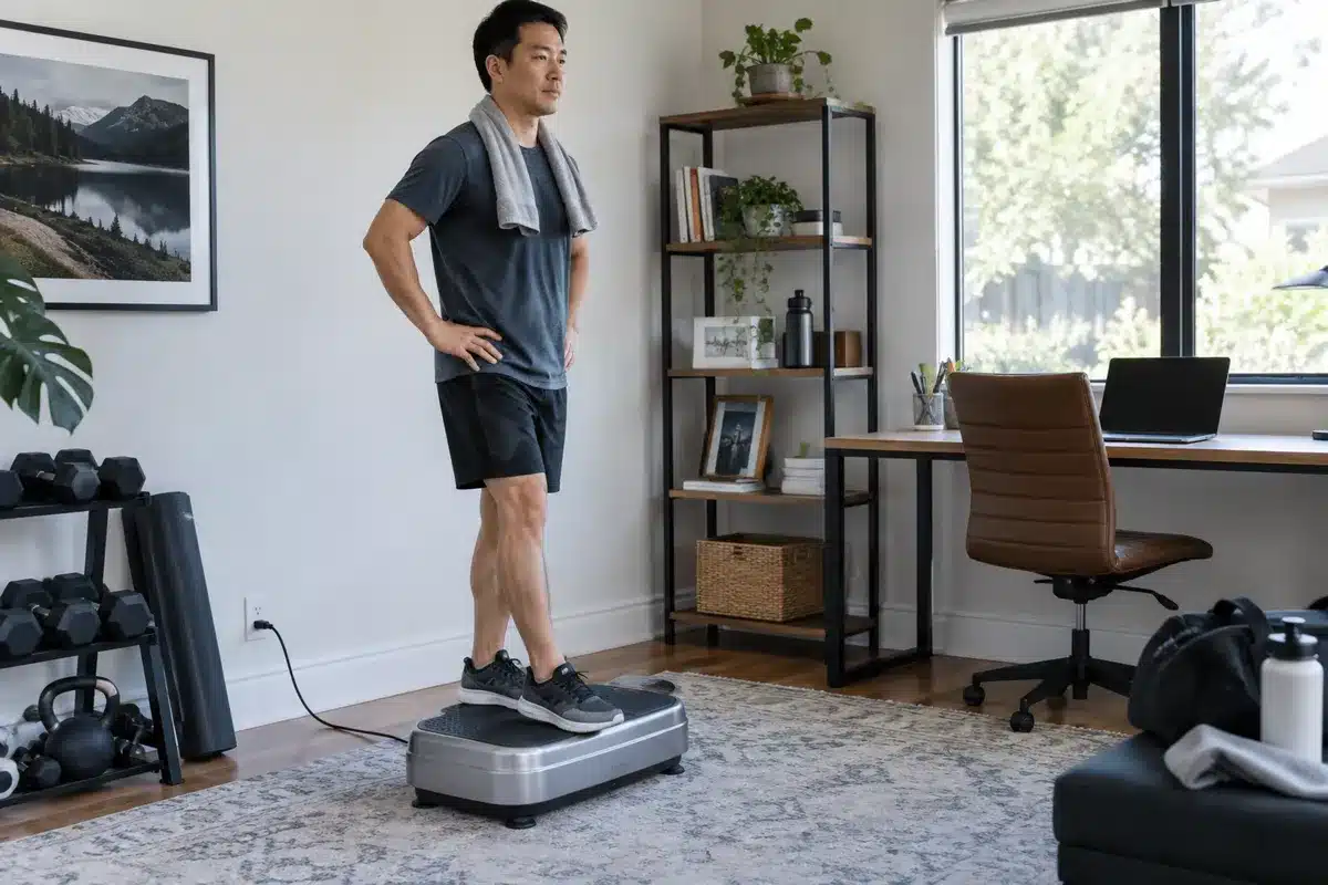 An Asian man standing on a vibration plate in a home office workout space after exercise.