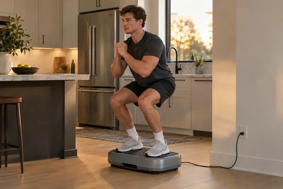 A young man doing a controlled squat on a gray vibration plate in a sunlit kitchen.