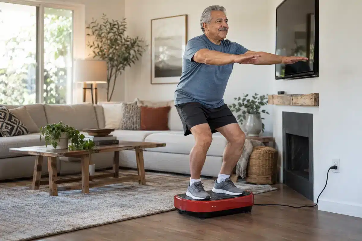 An older man doing a shallow squat on a red vibration plate in a cozy living room.