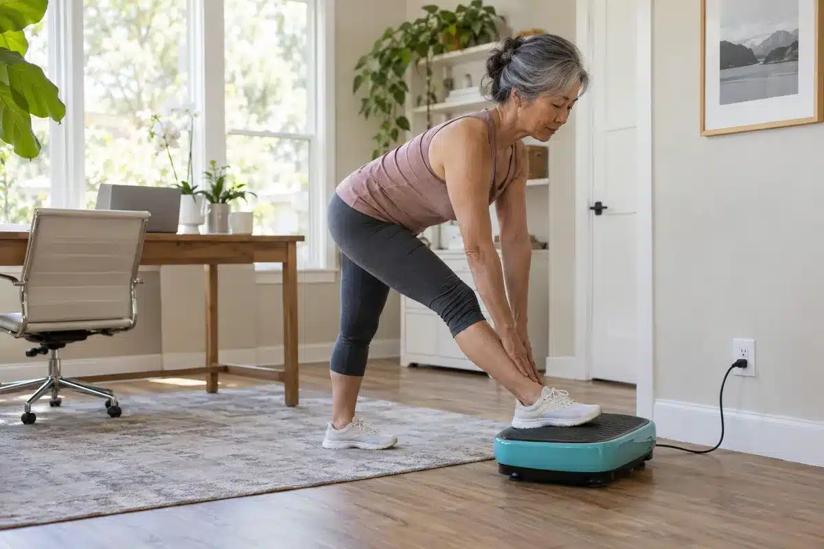 An older Asian woman doing a hamstring stretch with one foot on a teal vibration plate in a bright home office.