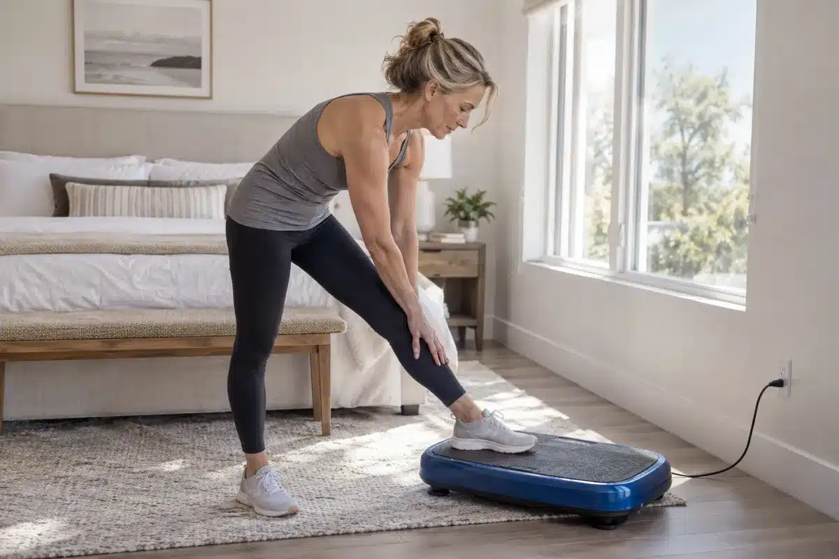A woman doing a hamstring stretch with one foot on a blue vibration plate in a bright bedroom.