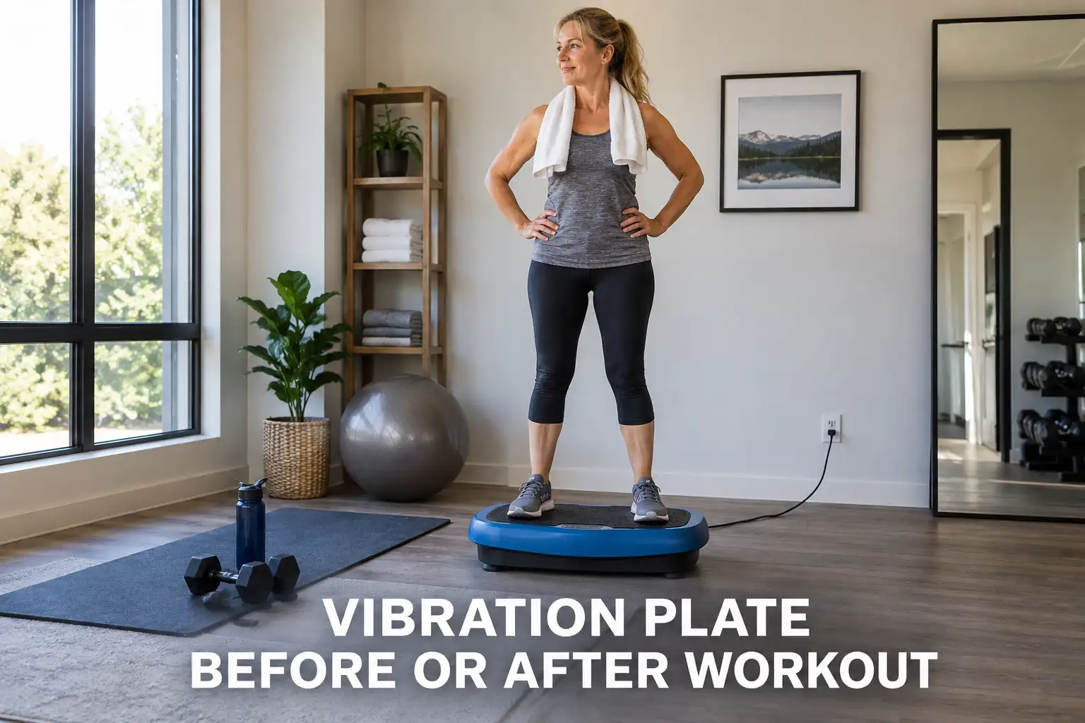 A woman standing on a blue vibration plate after a workout in a bright home gym.
