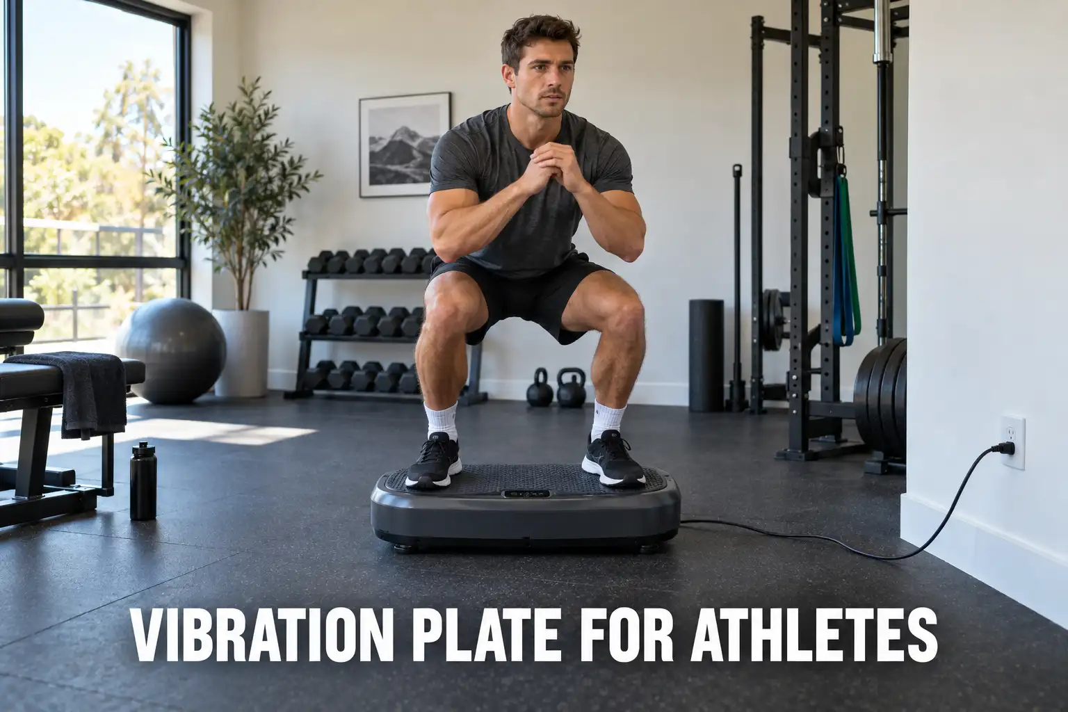 A man doing a squat on a vibration plate in a modern home gym.