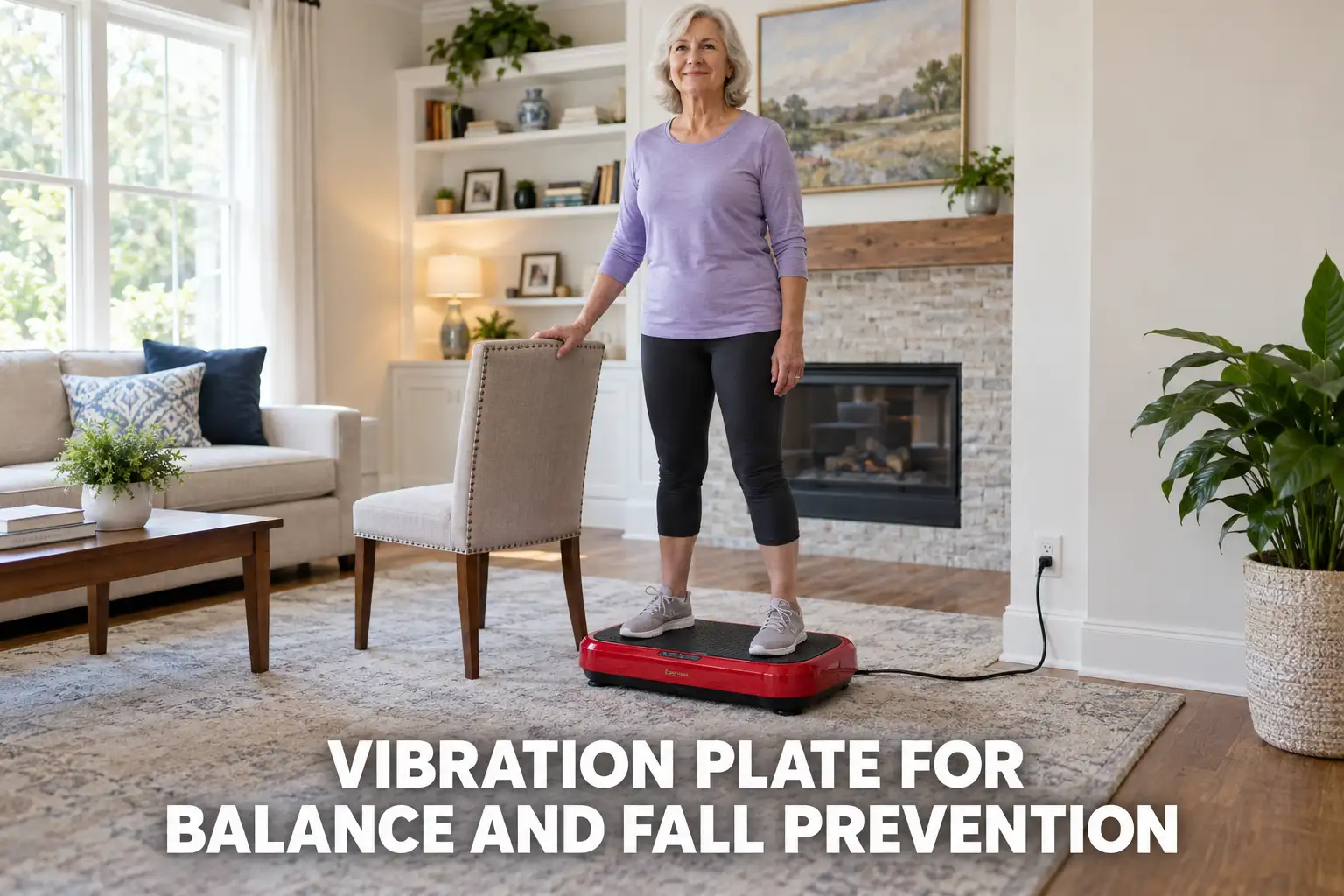A senior woman using a chair for support while standing on a red vibration plate in a living room.