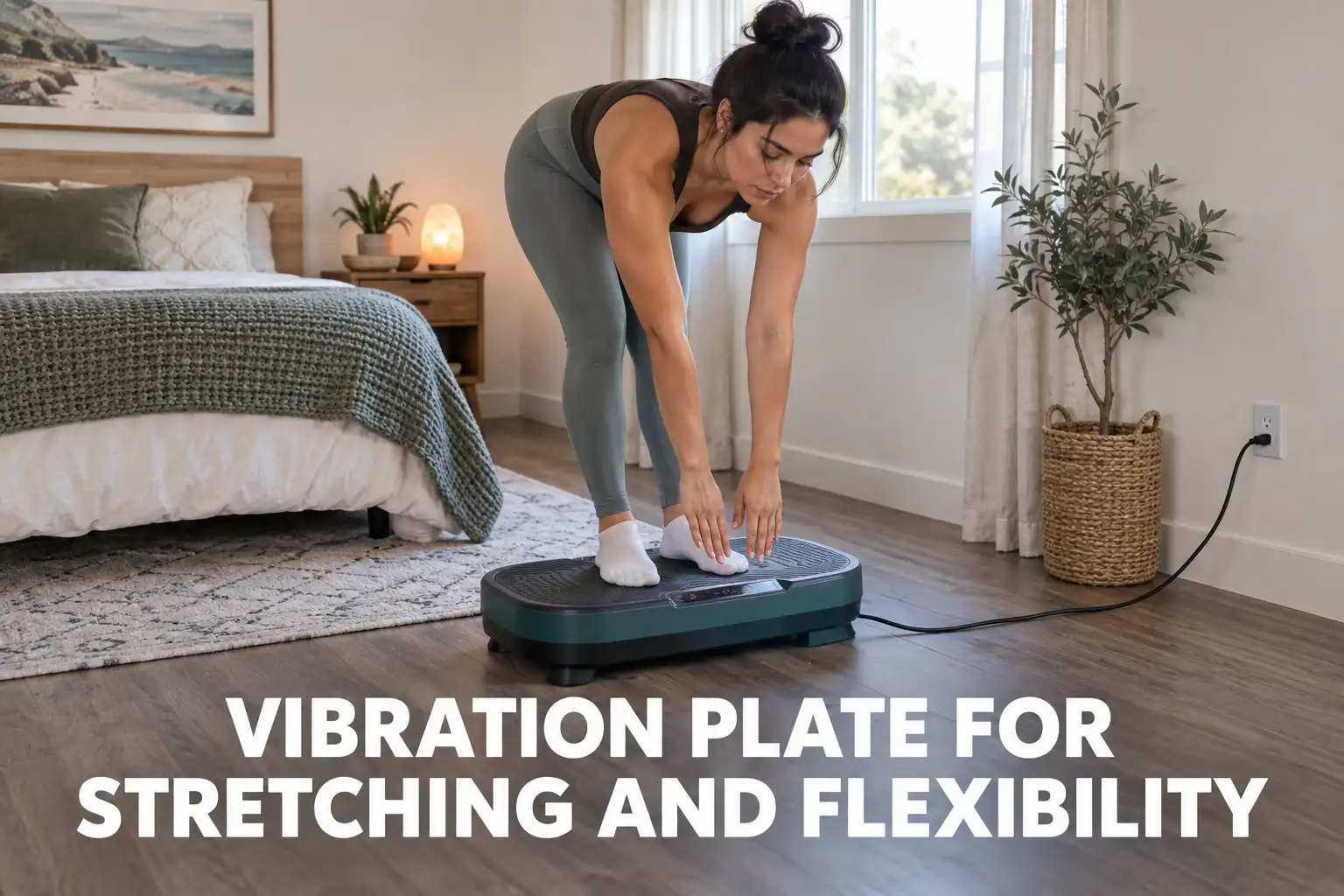 A woman doing a forward stretch on a vibration plate in a cozy bedroom.