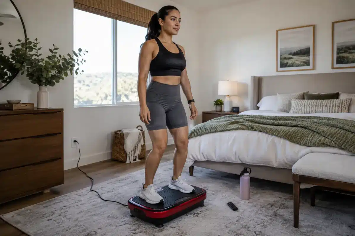 A woman standing on a red vibration plate in a modern bedroom during a simple post-workout recovery routine.
