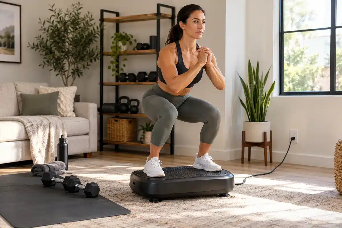 Woman performing a controlled squat on a vibration plate in a bright home fitness room with dumbbells and exercise accessories.