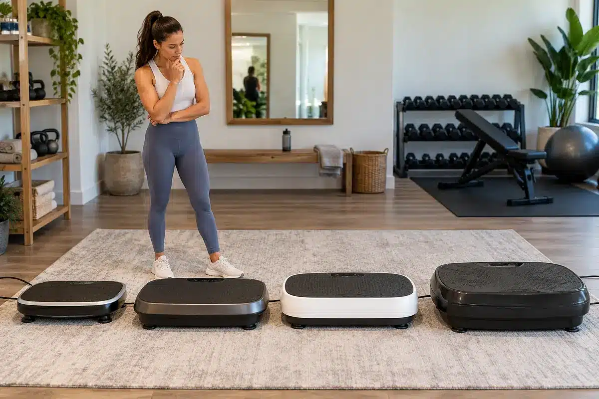Woman comparing four vibration plates of different sizes and weight capacities in a modern home gym.